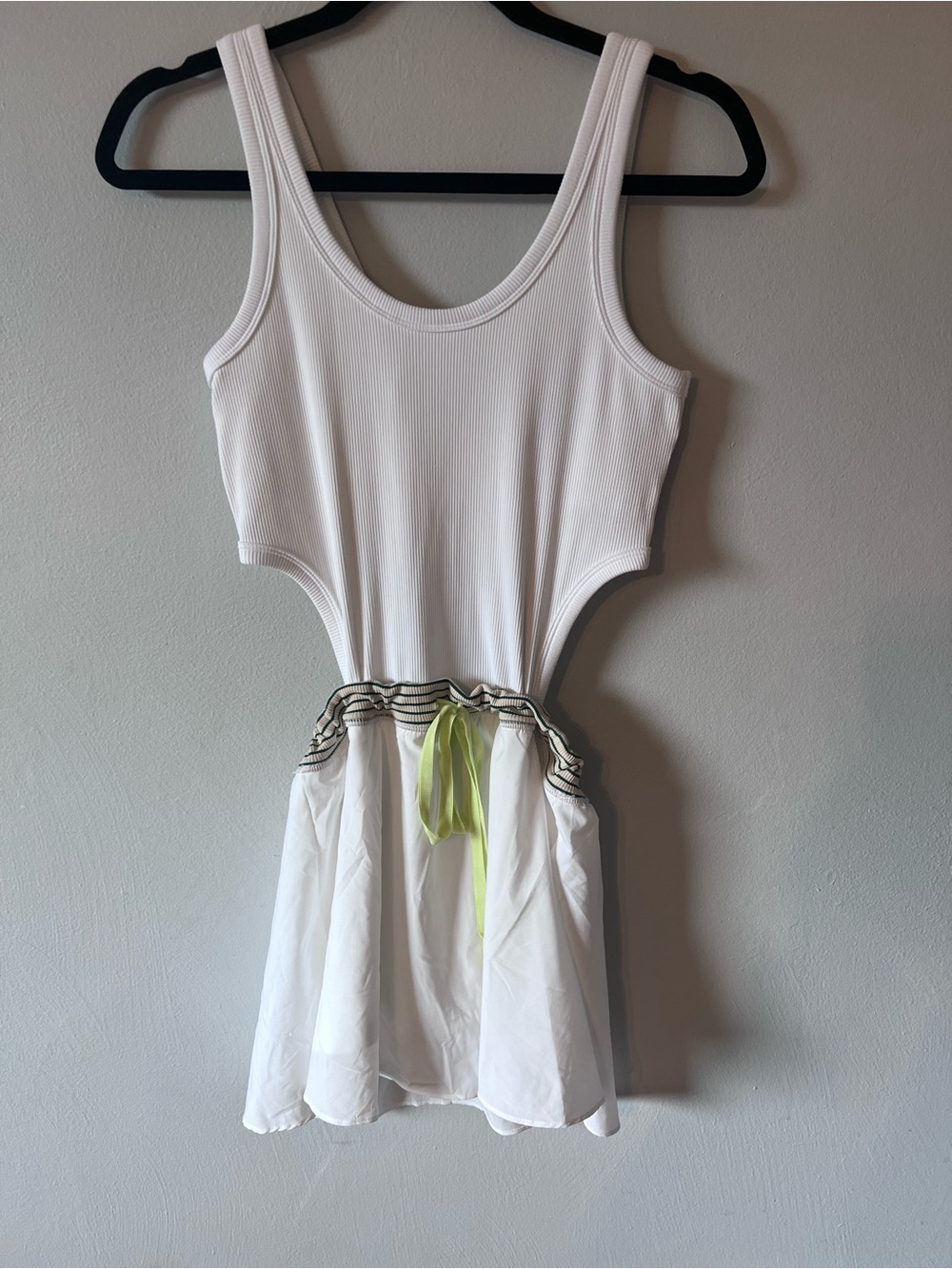 aerie White Tank Mini Dress with Neon Yellow Drawstring